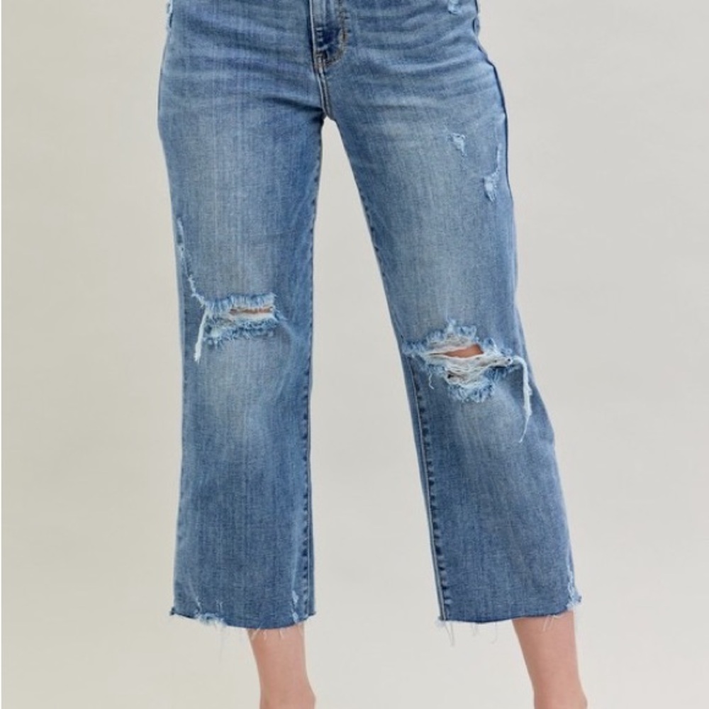 Judy Blue Full Size High Waist Destroy Crop Wide Leg Jeans Plus Size - Picture 2 of 16